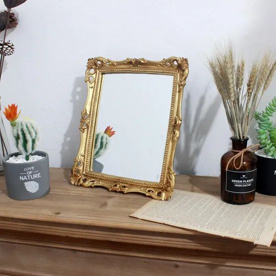 Vintage Decorative Square Antique Gold Wall Mounted Tabletop Makeup Resin Mirror Frame - Image 4