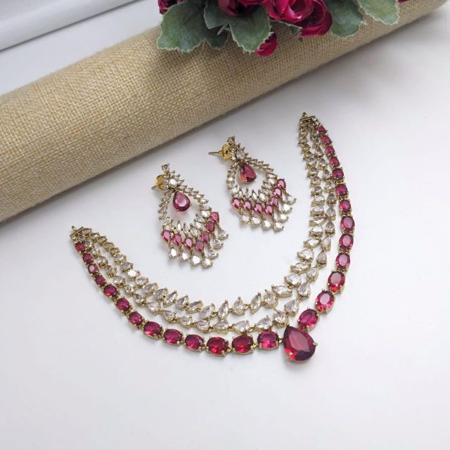 Designer Silver Plated Crystal Necklace Set with Earrings for Women | Bridal Wedding Jewelry Set | Imitation Diamond Choker Necklace & Drop Earrings for Party, Festive - Image 3