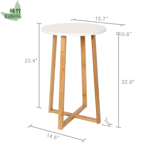Round Coffee Table Natural Bamboo Cross-Base Design with White Tabletop Minimalist Style Side Table - Image 3