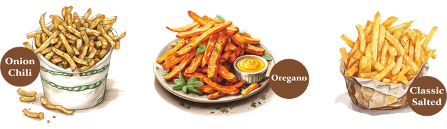 FROZEN FRENCH FRIES Artificial Flavors None Ingredient Type All-natural Artificial Preservatives None Flavor Classic Salted, Onion Chilli, - Image 1