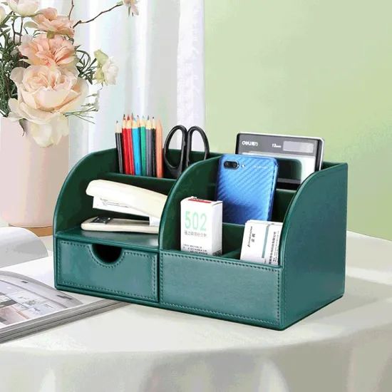 Multi-Functional PU Leather Desktop Organizer Storage Box Red Pen Holders - Image 5