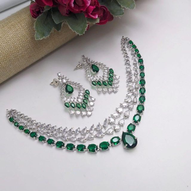 Designer Silver Plated Crystal Necklace Set with Earrings for Women | Bridal Wedding Jewelry Set | Imitation Diamond Choker Necklace & Drop Earrings for Party, Festive - Image 2
