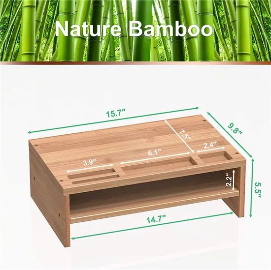 Double-Layer Bamboo Desktop Storage Shelf Computer Riser Monitor Stand - Image 4