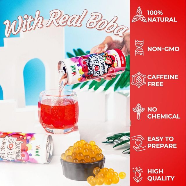 Strawberry Popping Boba Bubble Tea | VINUT 320ml (24 Pack), Low Calorie & Low Sugar Drinks, Private Label, Free Sample, OEM ODM - Image 3