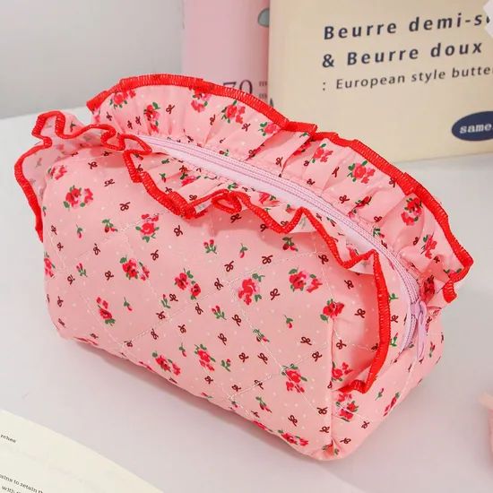 Floral Handle Quilted Cotton Cosmetic Bag Ruffle Makeup Pouch - Image 6