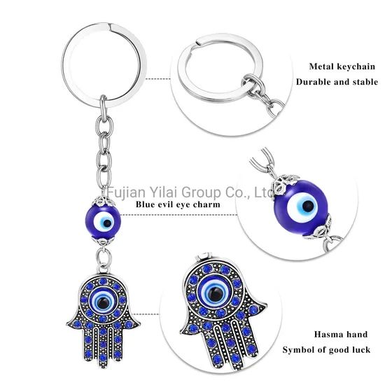 Custom Hand Rhinestone Crystal Blue Key Chain Lucky Metal Bracelet Evil Charms Pendant Eye Keychain - Image 2