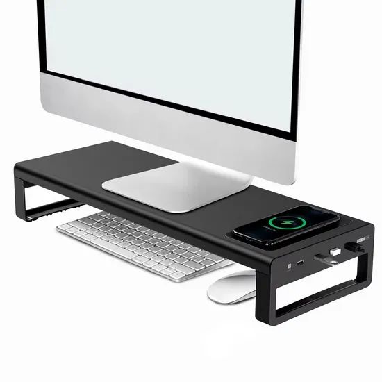 Multifunctional Adjustable Monitor Riser Stand with 15W Wireless Charging, USB Hub, Drawer Organizer – Metal Desktop Stand for Office Use - Image 1