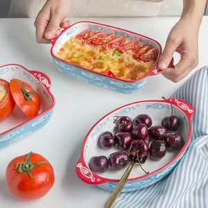 Bakeware Rectangle Deep Plate Household Oven Ceramic Baking Dish with Two Handles - Image 3