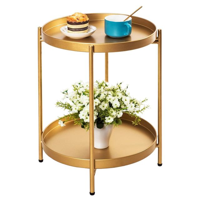 Luxury Gold Finish Two-Tier Foldable Metal Side Table for Living Room, Bedroom & Balcony | Round Iron Accent End Table - Image 1