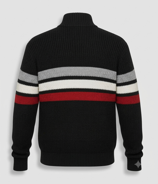 Off-White Full-Zip Shawl Collar Cardigan with Intarsia Knit +Men's Black Ribbed Quarter-Zip Pullover Sweater - Image 3