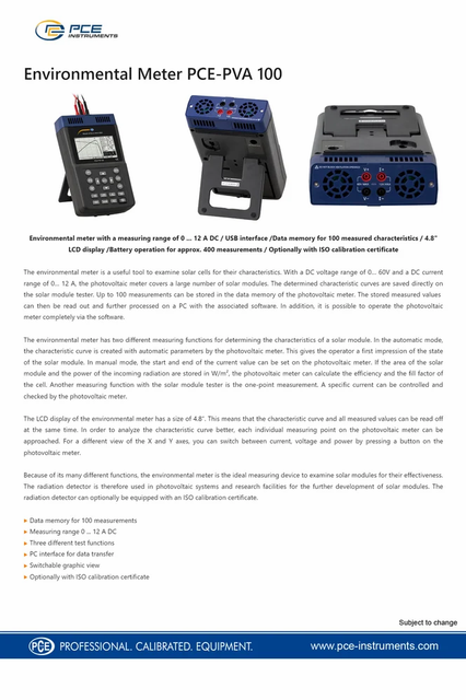 Solar Module Analyser  PCE-PVA 100 Accuracy 99% Fuse F250 V, 12 A Degree_of_pollution 2 Battery_voltage 11.1 V Display 4.8" Lc - Image 5