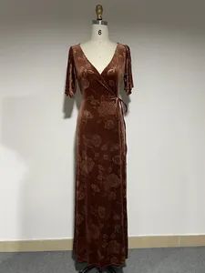 Floral Embossed Velvet Maxi Dress Long Long Color Spice Origin China Style Casual Season Winter Trademark OEM Front Fly - Image 4