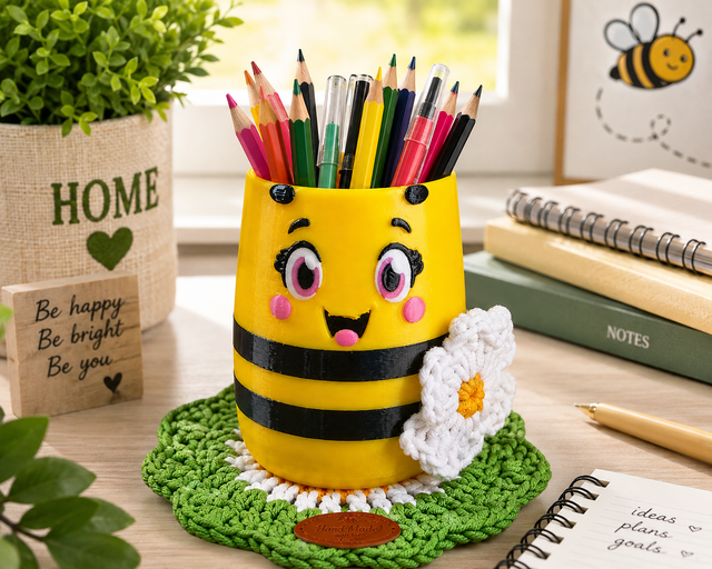 Bee Shaped Desk Organizer with Handmade Crochet Flower & Mat, 3D Printed Pencil Holder, Cute Office Storage Container, R - Image 2