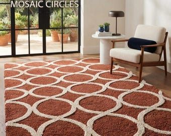 Hand Tufted Geometric Area Rug, Modern Terracotta Brown & Cream Circle Pattern Rug, Contemporary Living Room Bedroom Decor – product photo 1, product detail gallery