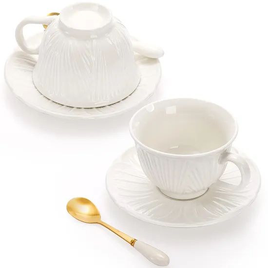 Exquisite Large Spoon New Design White Porcelain Tea Cups and Saucers - Image 2