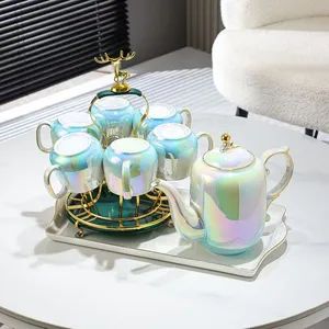 Nordic Luxury Ceramic Water Color Glaze Gold Rim Coffee Cup Afternoon Tea Set - Image 2