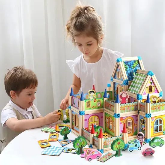 128 PCS Kids Multi-Functional Building 3D Puzzles Building Blocks Wooden Plug-in Models Assembled Houses - Image 2