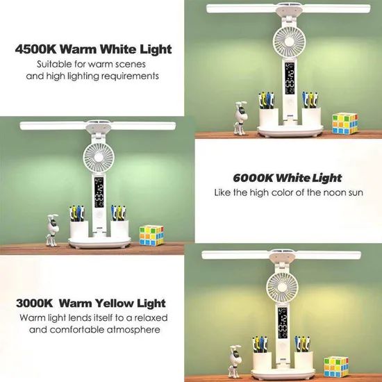 Rechargeable Table Lamp for Study, Desk Lamp Reading Light LED Table Light with Fan, LED Clock Display Reading Light - Image 2