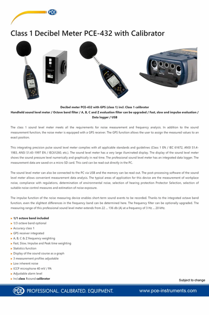 PCE INSTRUMENTS Class 1 Sound Level Meter PCE-432-SC 09 with Calibrator - Image 7