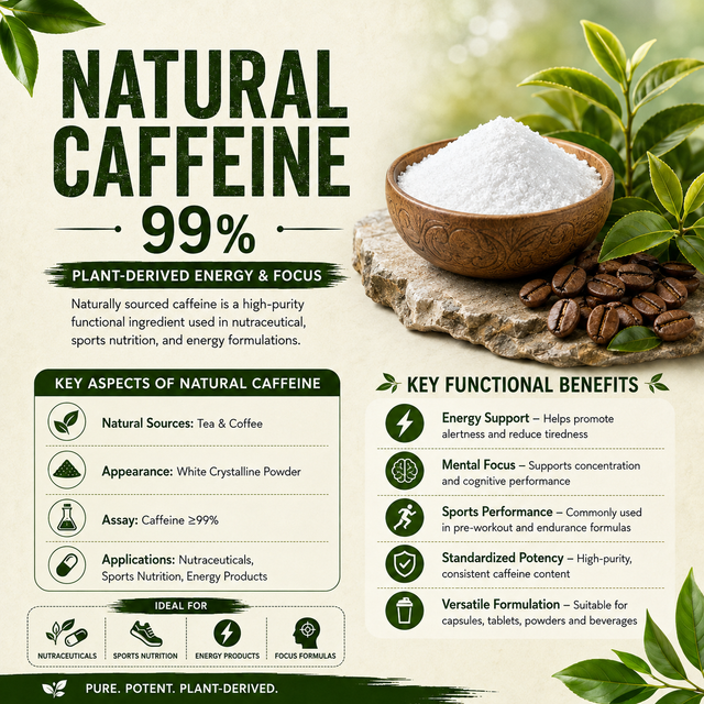 Natural Caffeine Anhydrous 99% Powder | Green Tea & Coffee Bean Extract | Pure 99% Purity - Image 1