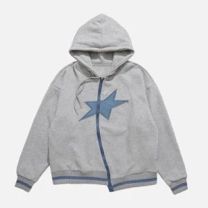 High Quality Warm Fleece Star Patchwork Irregular Zip Hoody - Image 1