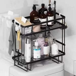 2 Tier Rack Storage Display Stand Shelves Over The Bathroom Adhesive Shower Storage Holders Racks Black with Hooks - Image 1