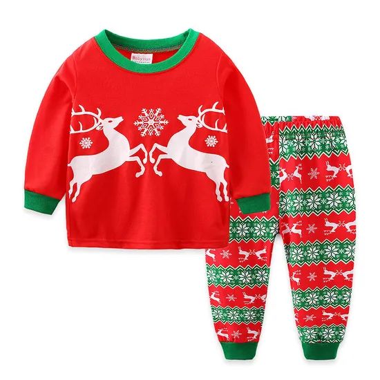 New Long Sleeve Christmas Reindeer Striped Kids Holiday Sleepwear Christmas Pajamas Set - Image 3