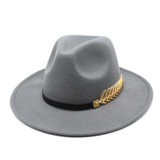 Cutsom Logo Woolen Felt Hat Panama Jazz Fedoras Hats with Metal Leaf Flat Brim Formal Party and Stage Top Hat for Women Men - Image 2