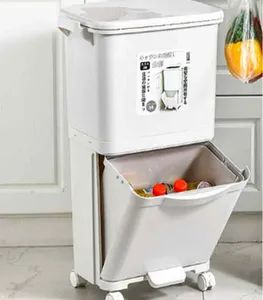 Kitchen Double Layer Garbage Storage Vertical Waste Sorting Bins with Wheel - Image 3
