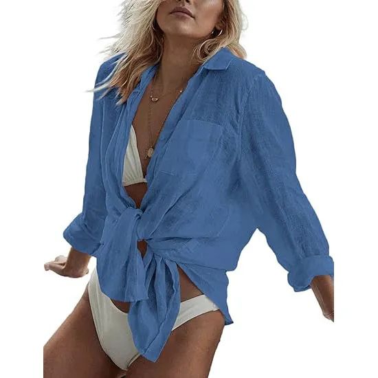 Womens Linen Button Down Shirts Short Sleeve MOQ 200PCS Origin Yiwu Package OPP Model Loose Factory OEM Type Leisure Fabric Linen - Image 2