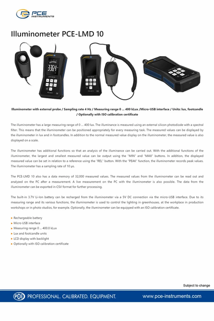 PCE INSTRUMENTS Light Meter PCE-LMD 10 Sampling Rate 4 Hz Repeatability ±2 % Interface Micro-usb Brand PCE INSTRUMENTS Resolution 0.1 Lux, 1 - Image 4
