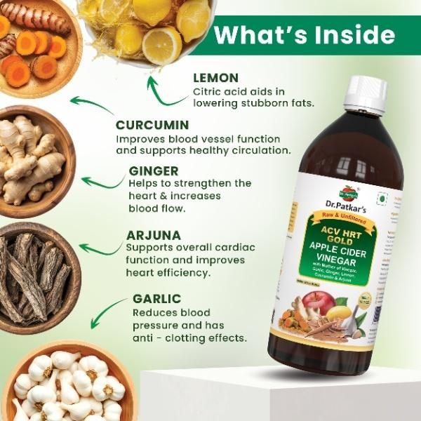 Apple Cider Vinegar with Mother of Vinegar Ginger, Garlic, Lemon, Curcumin & Arjuna (Dr. Patkar's) (ACV HRT GOLD) - Image 2