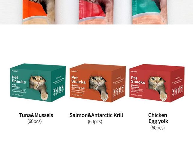Pet snacks cat food bars Packaging bag Type Animal food Material Chicken, beef, fish Flavor Options Chicken & Egg Yolk, Salmon & Shrimp, Tuna & Mussels - Image 3