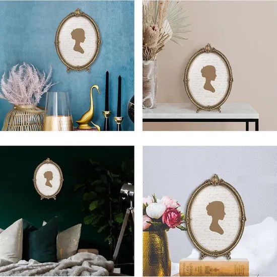 12 Inch Vintage Resin Frame Distressed Wood Look Oval Photo Frame with Carved Florals - Image 6