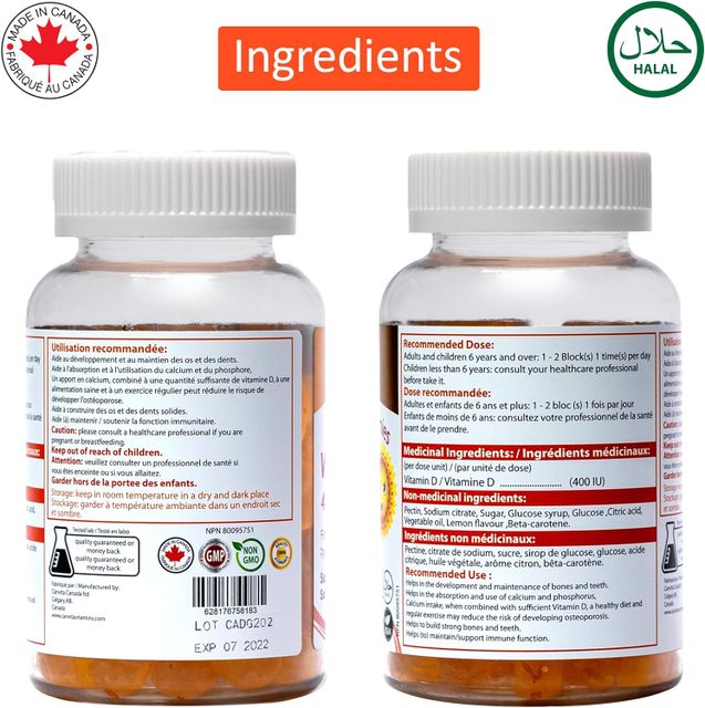 Canvita Vitamin D Halal & Vegan Gummy (400IU), Made in Canada, sugar free, 60/bottle - Image 3