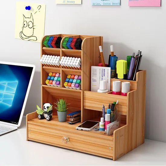AI-MICH Wooden Pen Storage Rack Drawer Multi-Functional DIY Desktop Organization - Image 3