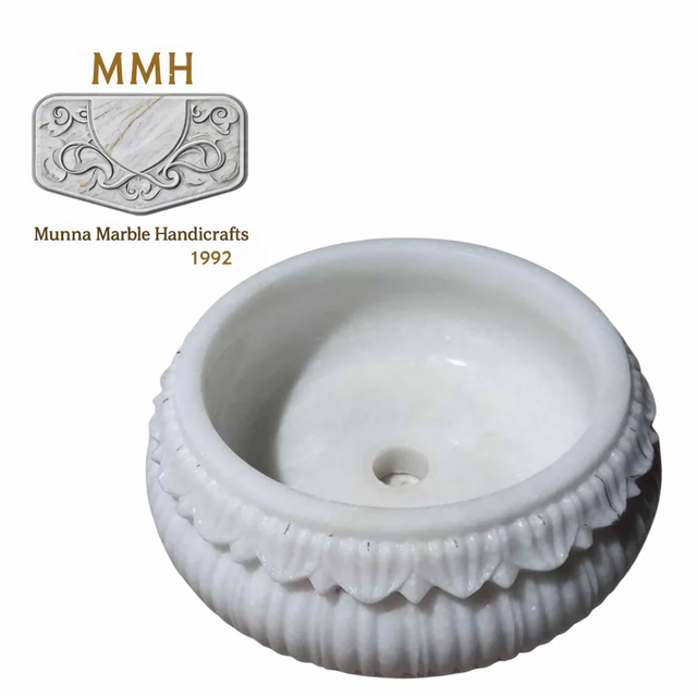 16 Inch White Marble Tabletop Basin Color White Shape Round Finish Polished Basin Shape Round Design Type Modern Size Category - Image 1