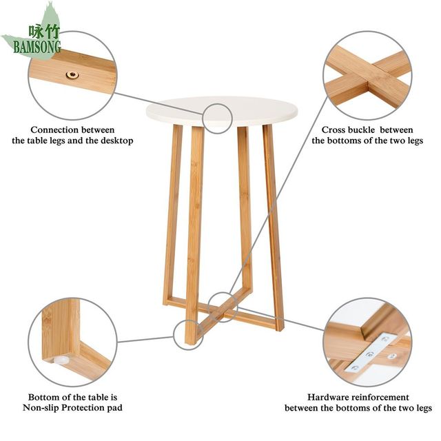 Round Coffee Table Natural Bamboo Cross-Base Design with White Tabletop Minimalist Style Side Table - Image 4