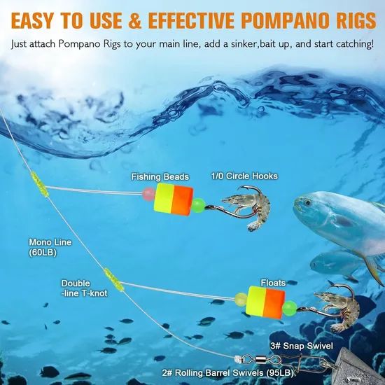 Pompano Rigs for Surf Fishing Unique T-Knot Strong Pre-Rigged Pompano Rigs Surf Fishing Rigs Saltwater with Pompano Floats with Circle Hooks - Image 5