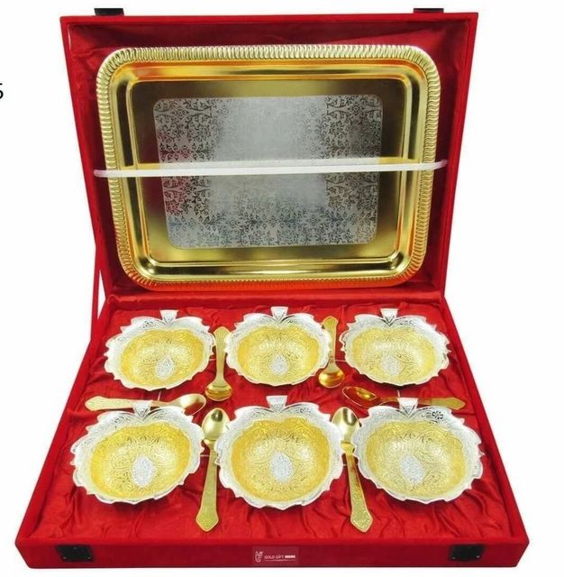 13 Pieces Gold Plated Bowls Spoons Tray Set, For Gift Texture Velvet Set Composition 6 Pc Bowl Shape Pan Shaped Usage/Application - Image 1
