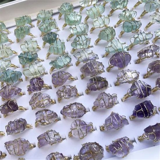 Handmade Winding Natural Stone Rough Stone Amethyst White Crystal Aquamarine Irregular Gemstone Finger Rings for Women - Image 5