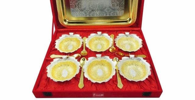 13 Pieces Gold Plated Bowls Spoons Tray Set, For Gift Texture Velvet Set Composition 6 Pc Bowl Shape Pan Shaped Usage/Application - Image 2