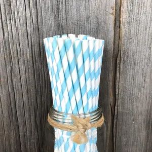 Light Blue White Biodegradable Striped Paper Straws Paper Drinking Straws for Party - Image 6