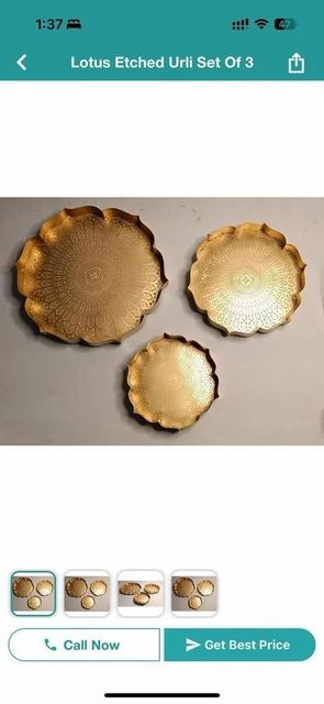 Capacity: 800 ML Golden Metal embossed Lotus flower urli set Color Golden Code No Se 65 Capacity 800 ML Material Iron - Image 1