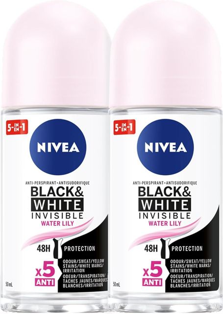 NIVEA Black & White Invisible 48H Protection Water Lily Anti-Perspirant Roll-On, 2x50ml - Image 1