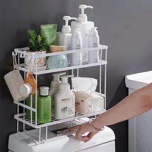 2 Tier Rack Storage Display Stand Shelves Over The Bathroom Adhesive Shower Storage Holders Racks Black with Hooks - Image 6