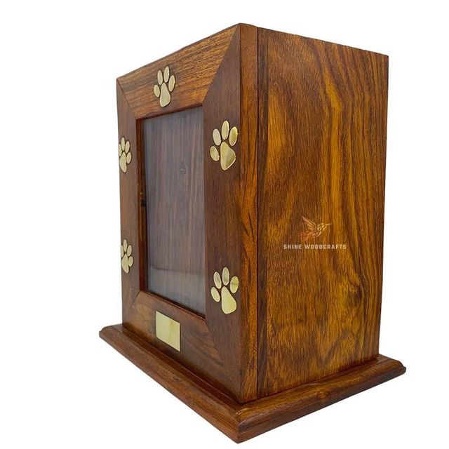 Pet Cremation Urn with Brass Paw Inlay - Wooden Keepsake Box / Wooden urn with photo Frame - Image 3