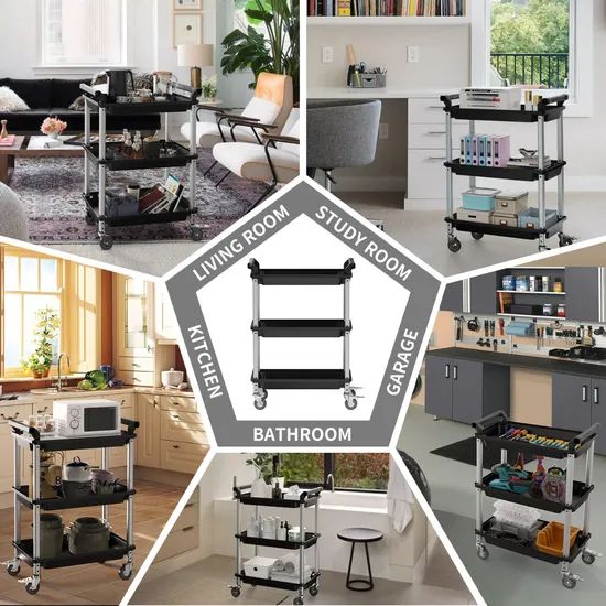 Customized Multi-Function 3 Tier Foldable Metal Storage Rolling Utility Cart with Wheels - Image 5