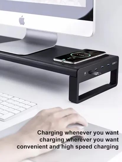 Multifunctional Adjustable Monitor Riser Stand with 15W Wireless Charging, USB Hub, Drawer Organizer – Metal Desktop Stand for Office Use - Image 6