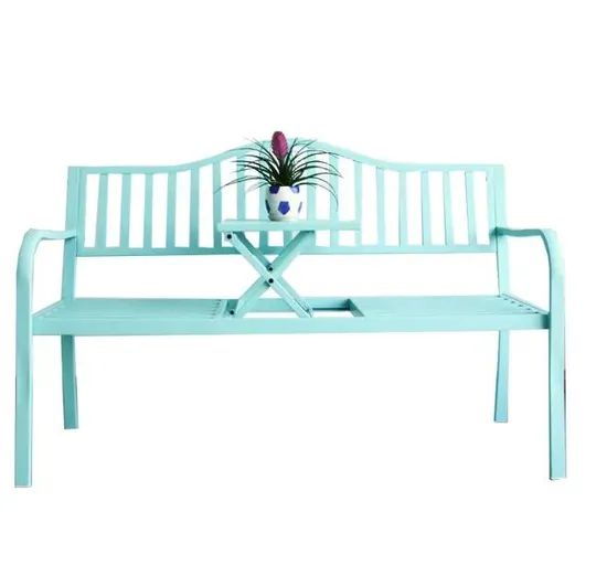 59in Modern Steel Outdoor Garden Metal Benches with Center Table for Park Yard Patio Slatted Seat - Image 6